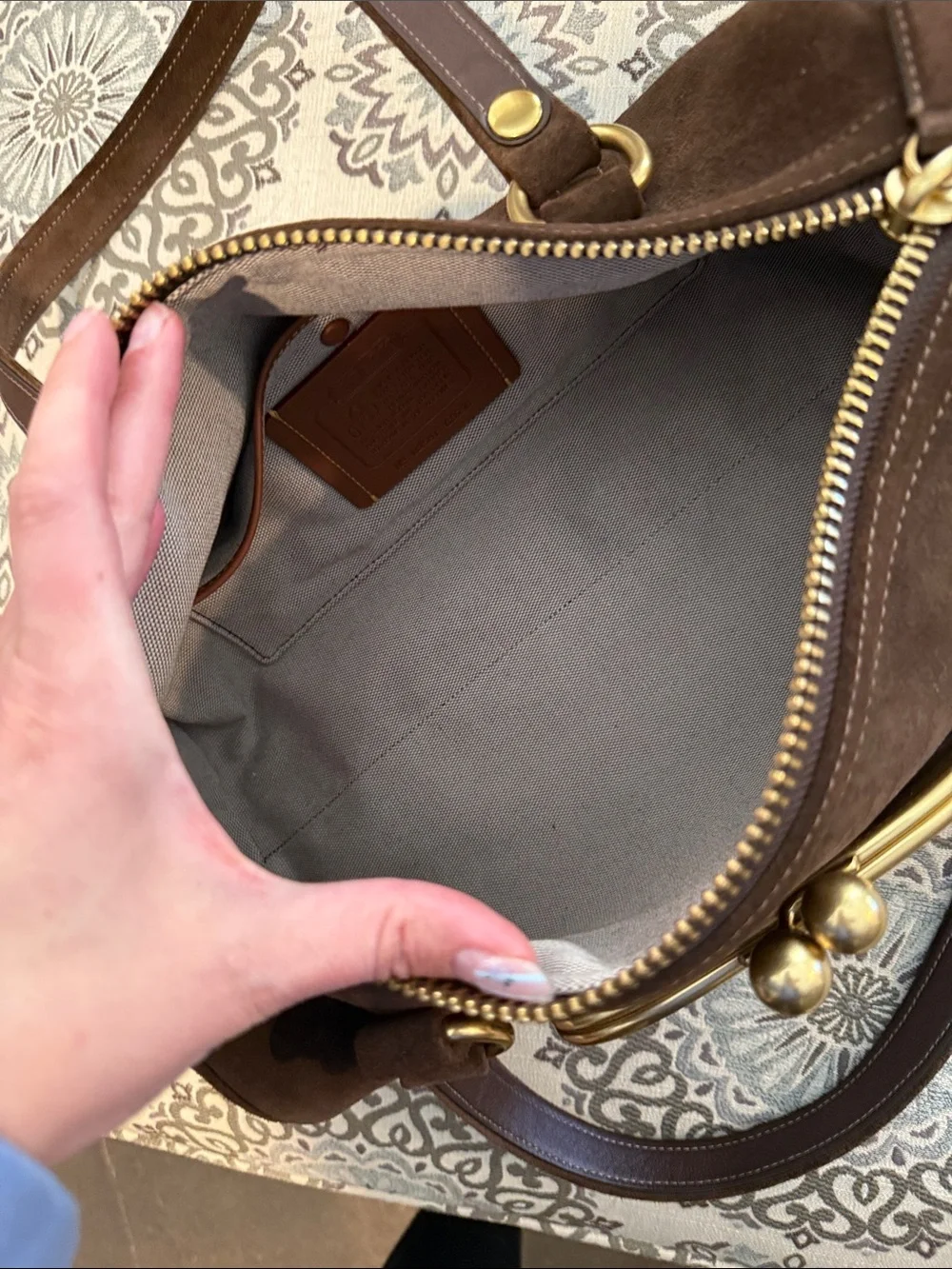 Coach kiss lock barrel bag suede